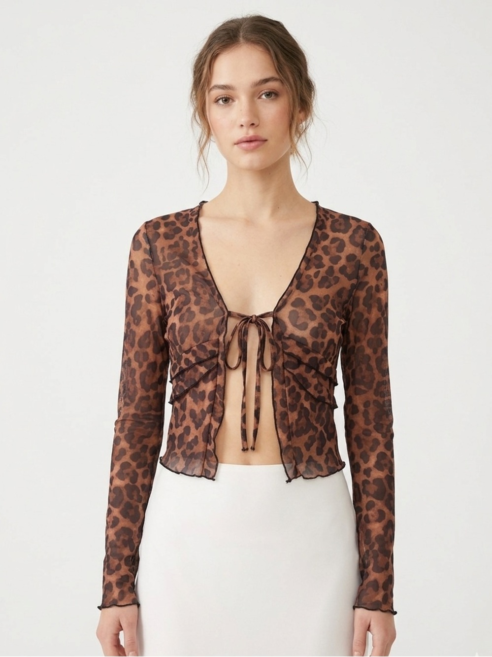 Leopard Print Y2K Sheer Mesh Tie Front Top Lettuce Edge Size XS Grunge Festival